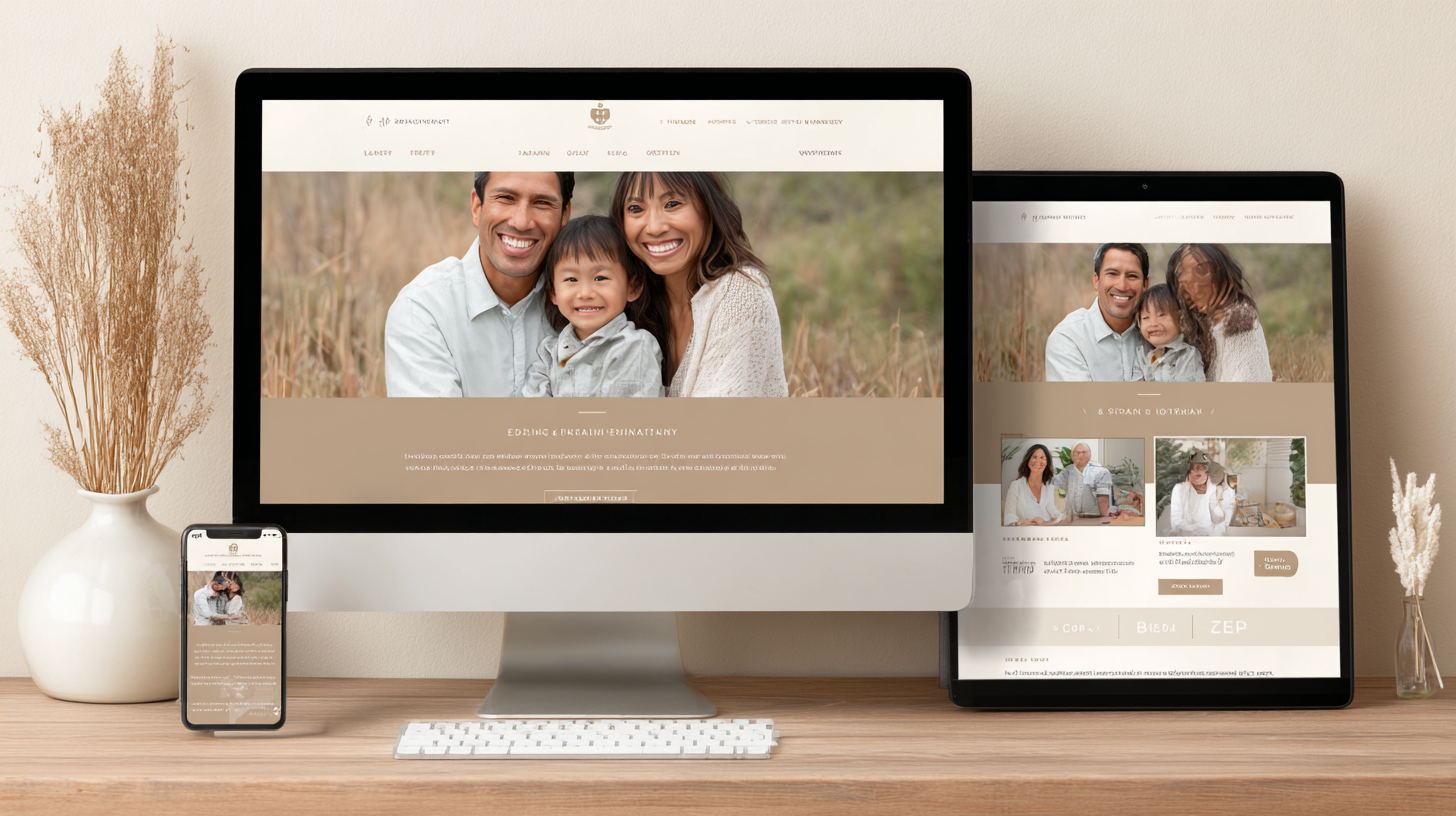 Warm family dental practice website on a desktop monitor with a phone and tablet, photographed on a wooden desk.