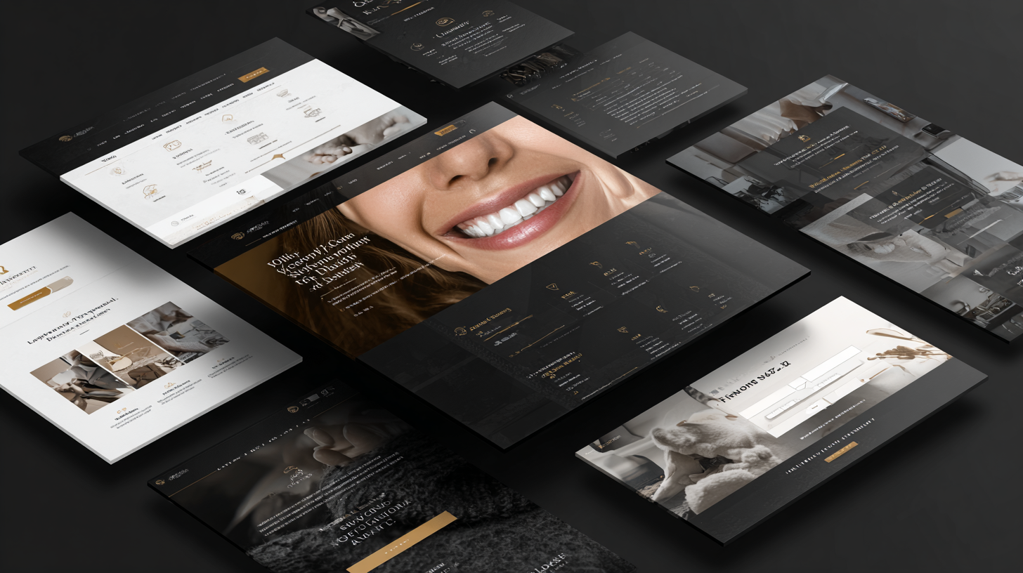 Editorial dark and gold cosmetic dentistry website with multiple page layouts and a portrait-driven hero.