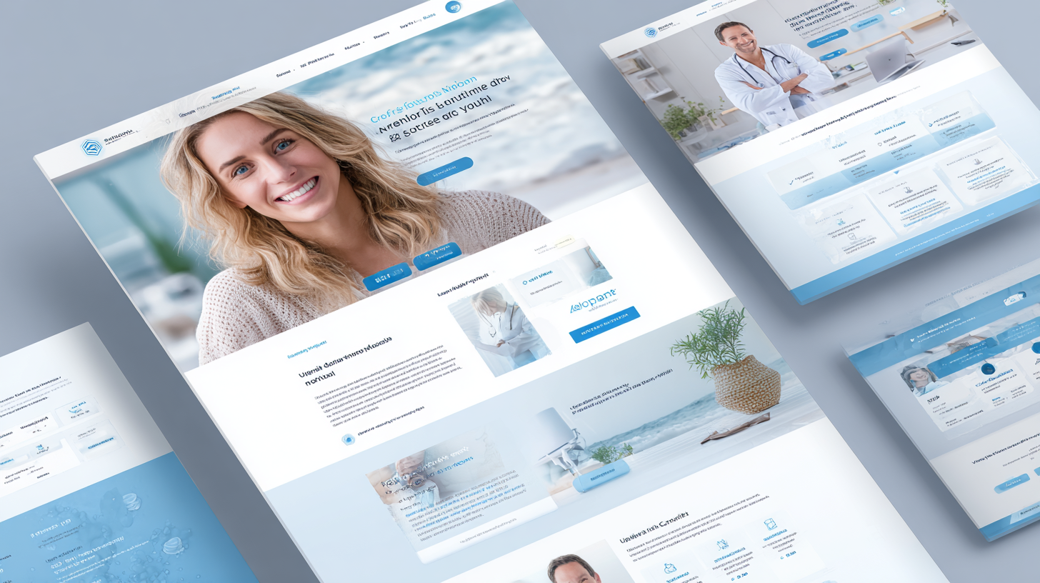 Modern orthodontics website mockup with multiple floating screens, sky-blue palette, and a smiling patient hero.