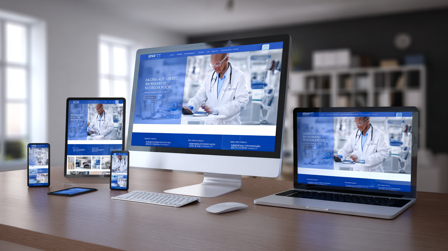 Royal blue dental implant website displayed across desktop, laptop, tablet, and phone on a wooden desk.