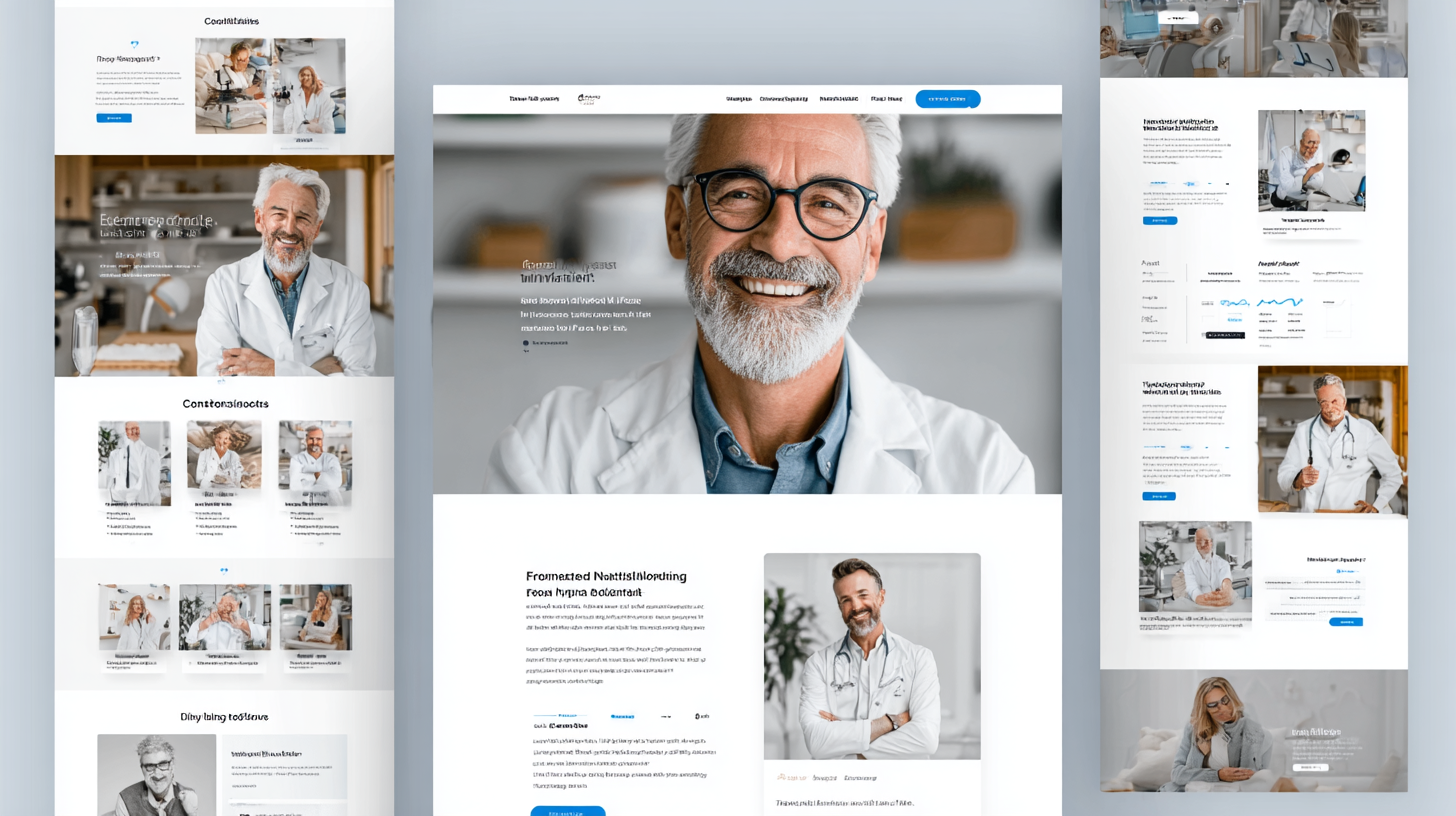 Editorial multi-page dental implant website built around a portrait of a distinguished older male dentist with team grids and stats panels.